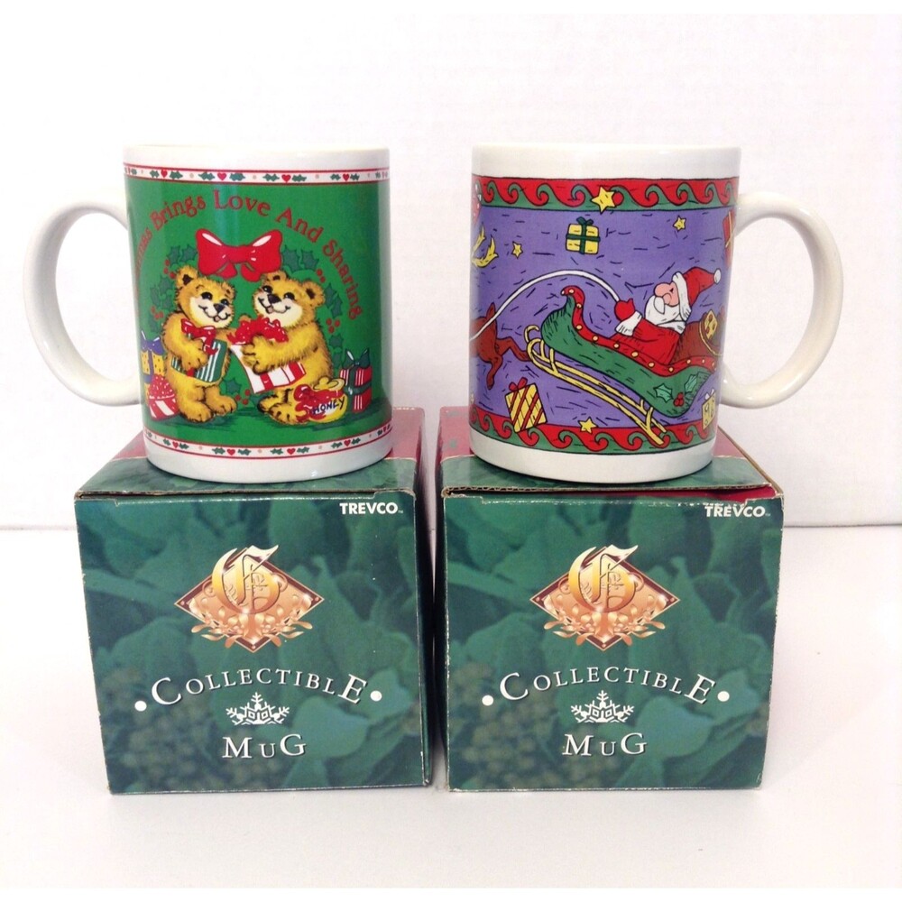Vintage Christmas Holiday Coffee Mug Tea Cup Handle Santa Reindeer Bear Set / 2